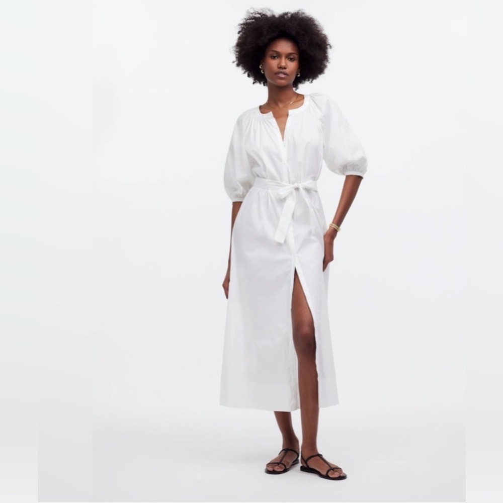 Madewell White Midi Dress with Tie Waist and Button-Front